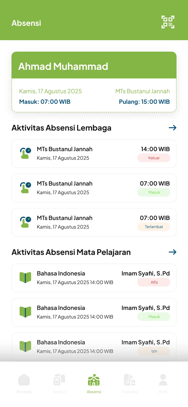 Layar absensi santri