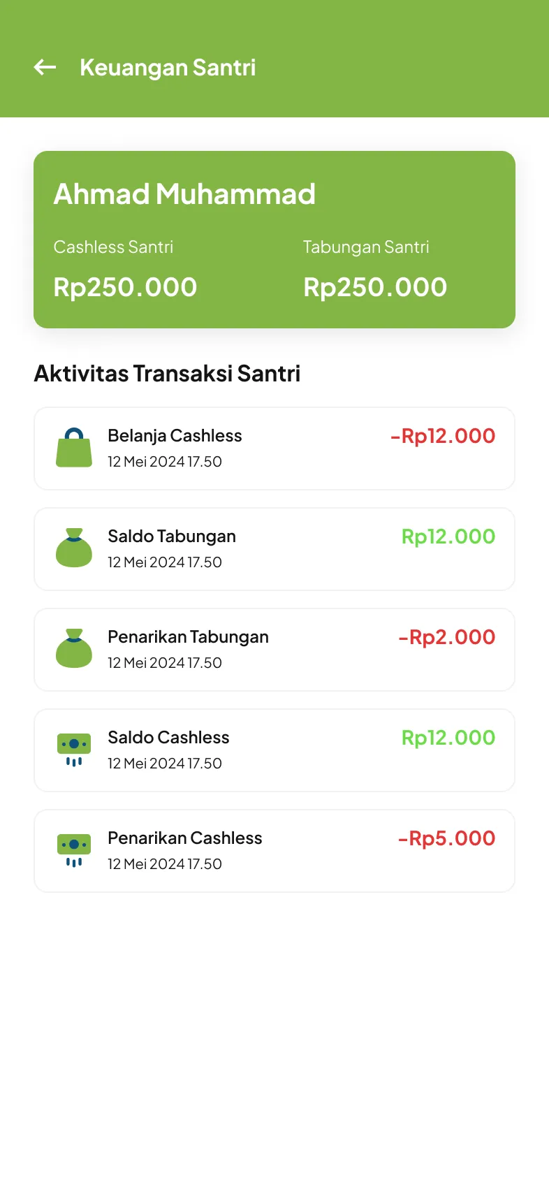 Layar saldo dan tabungan santri