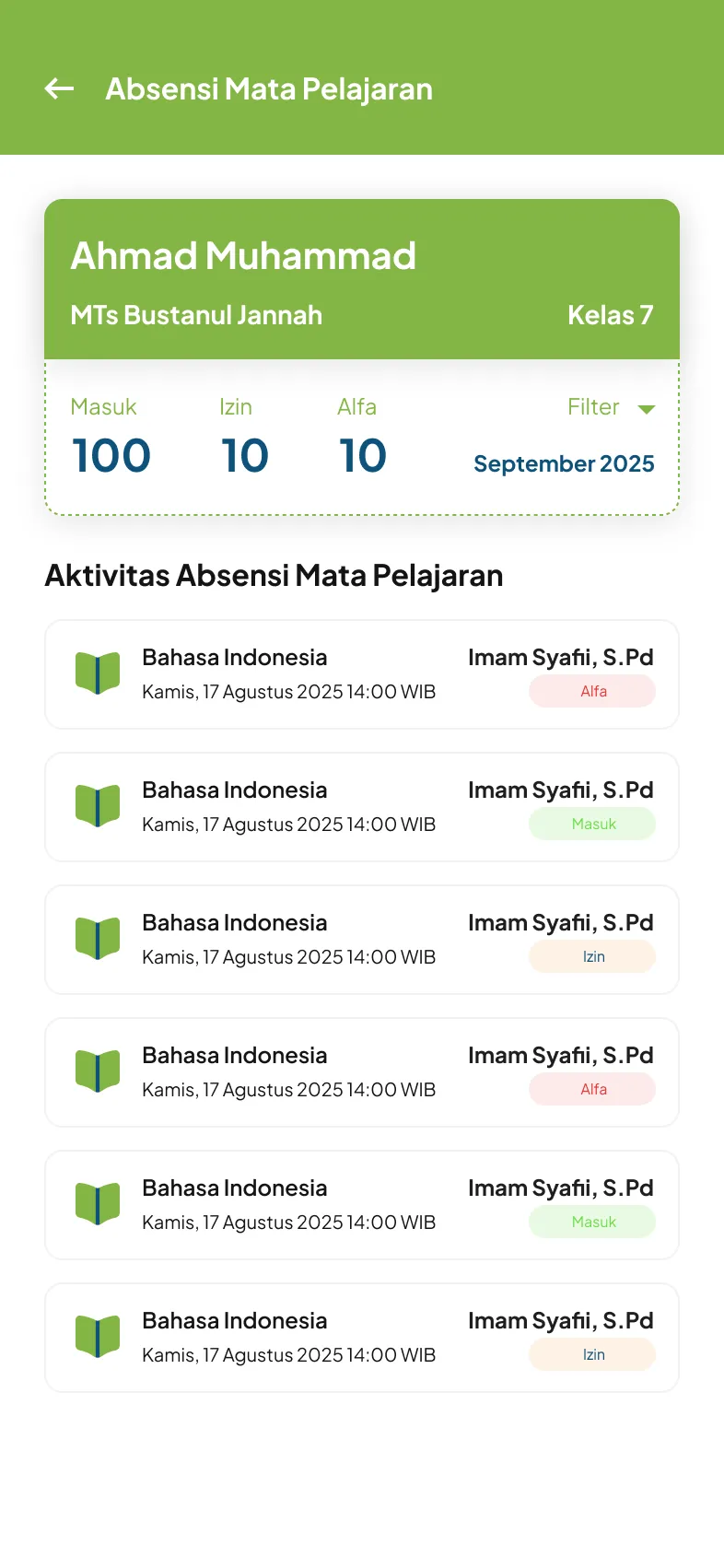 Layar absensi mata pelajaran