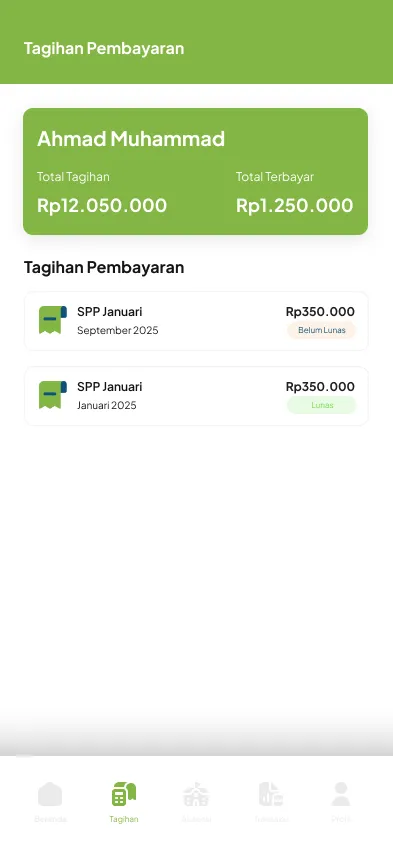Layar tagihan pembayaran