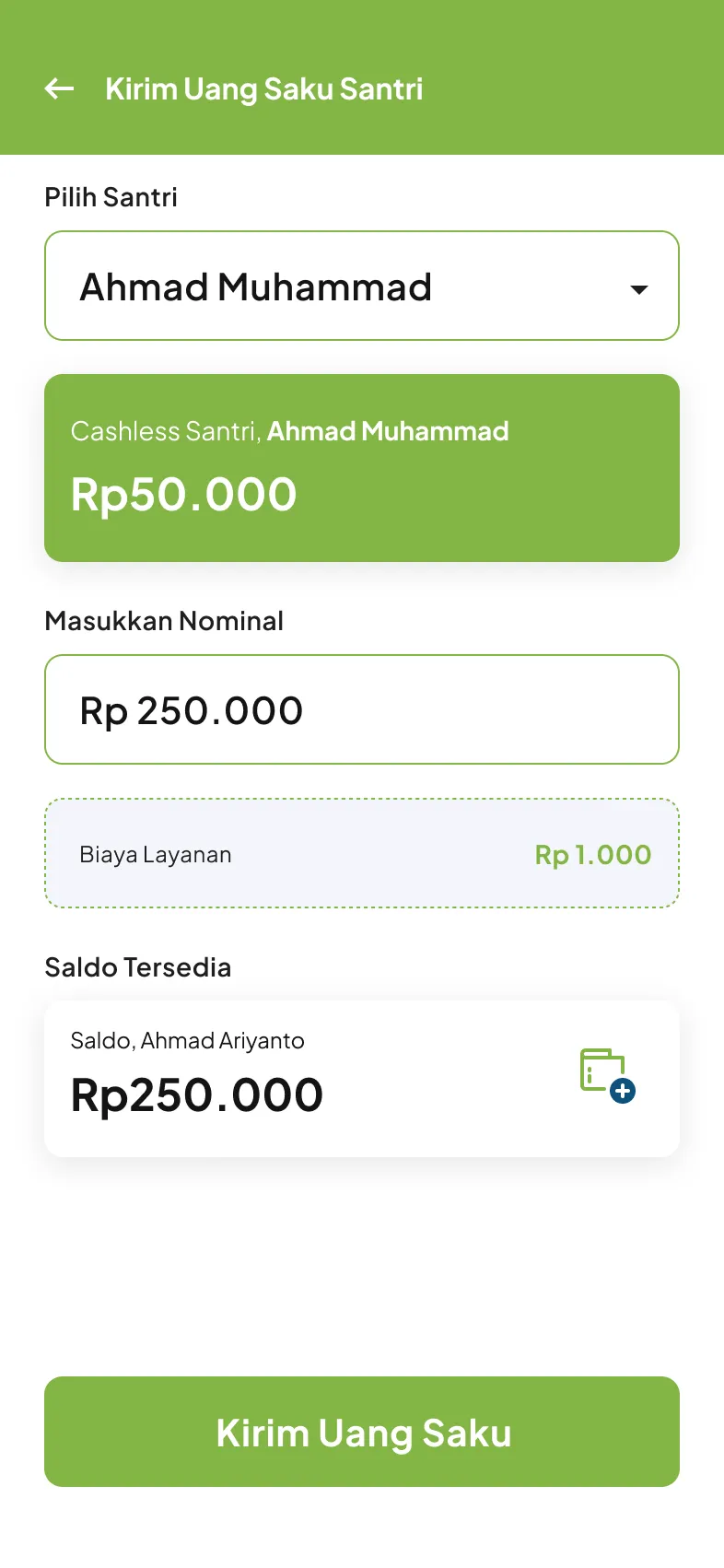 Layar kirim uang saku santri